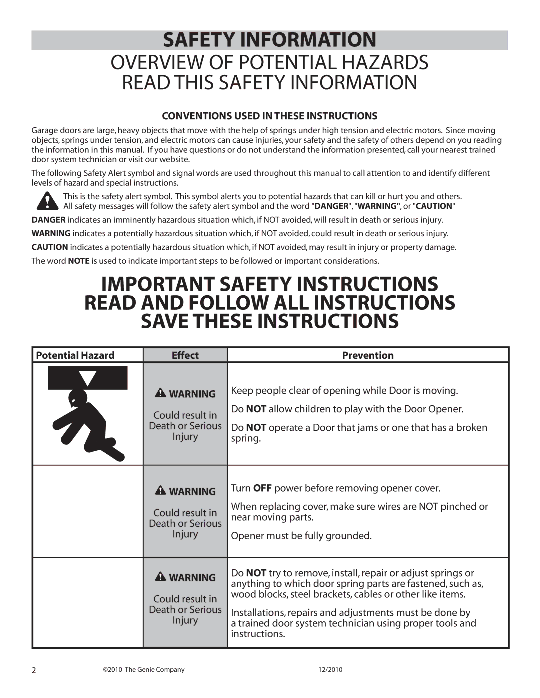 Genie 3064H manual Potential Hazard, Prevention 