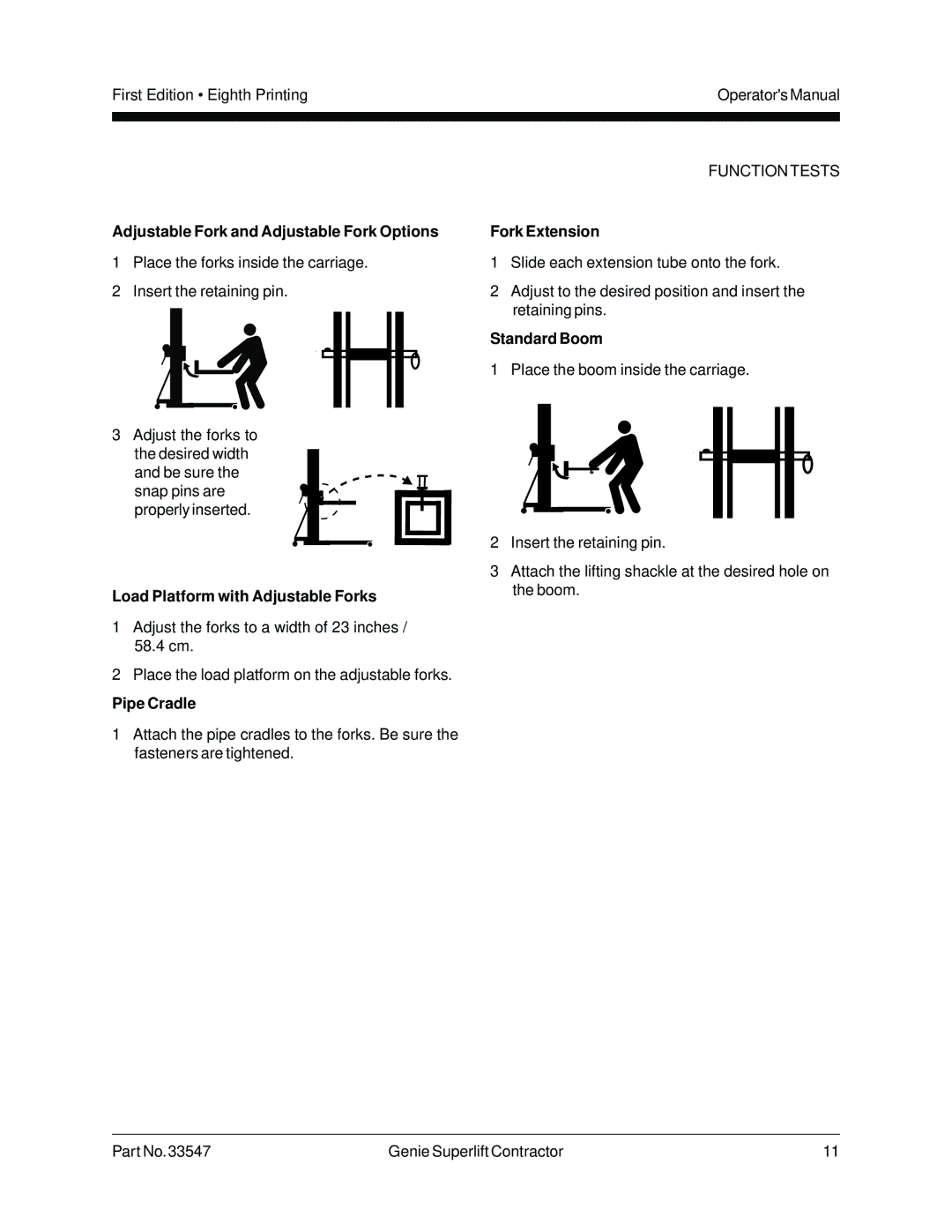 Genie 33547 manual Adjustable Fork and Adjustable Fork Options, Load Platform with Adjustable Forks, Standard Boom 