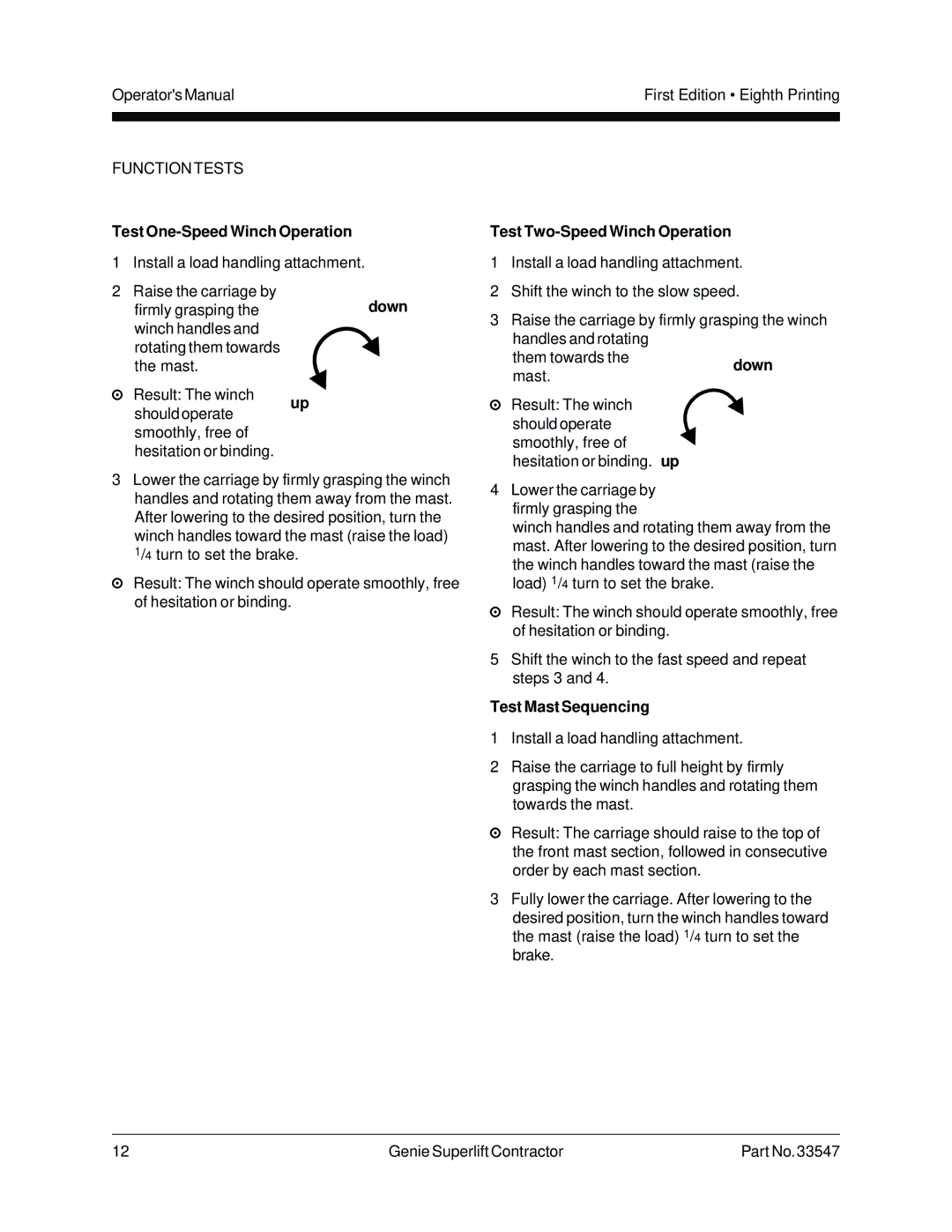 Genie 33547 manual Test One-Speed Winch Operation, Test Two-Speed Winch Operation, Test Mast Sequencing 