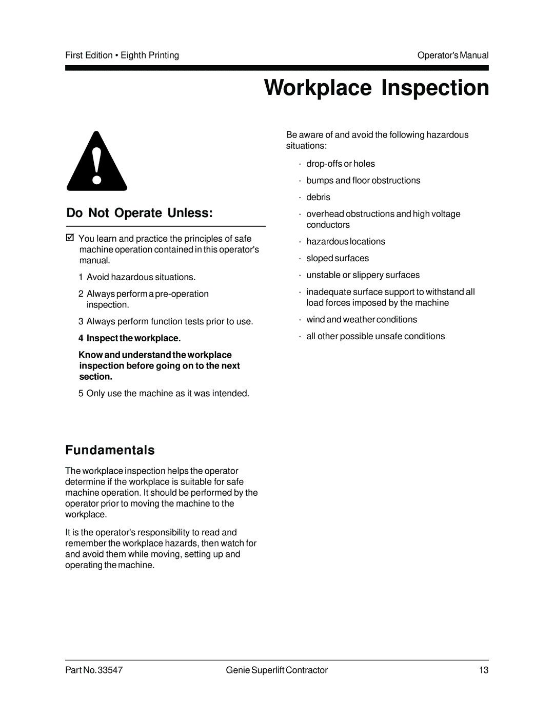 Genie 33547 manual Workplace Inspection, Do Not Operate Unless 