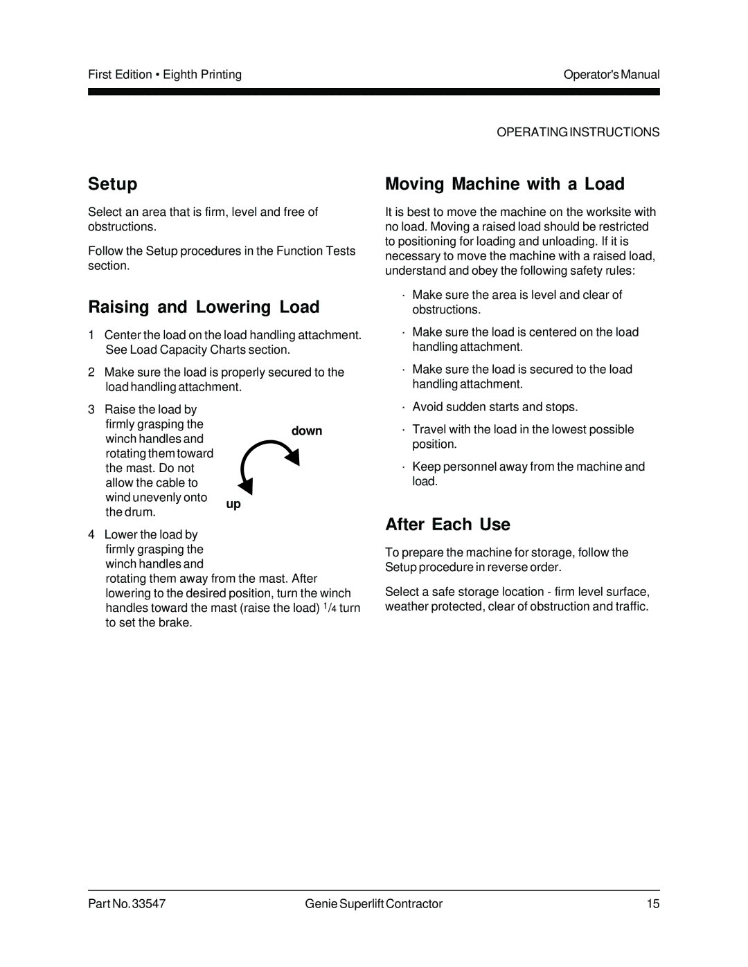 Genie 33547 manual Raising and Lowering Load, Moving Machine with a Load, After Each Use, Down 