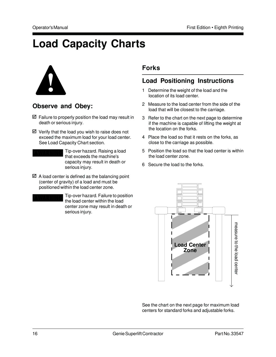 Genie 33547 manual Load Capacity Charts, Observe and Obey, Forks Load Positioning Instructions 