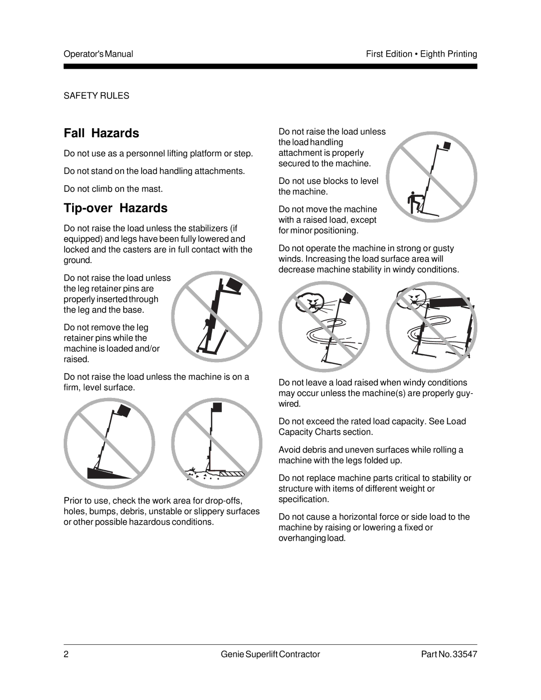 Genie 33547 manual Fall Hazards, Tip-over Hazards 