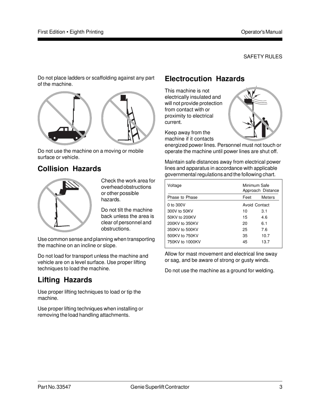 Genie 33547 manual Collision Hazards, Lifting Hazards, Electrocution Hazards 