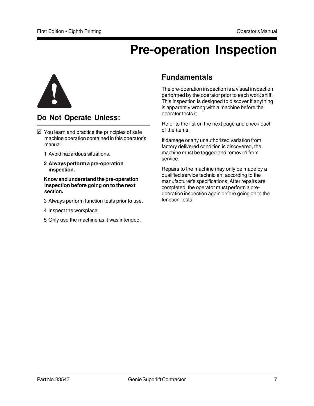 Genie 33547 manual Pre-operation Inspection, Fundamentals 