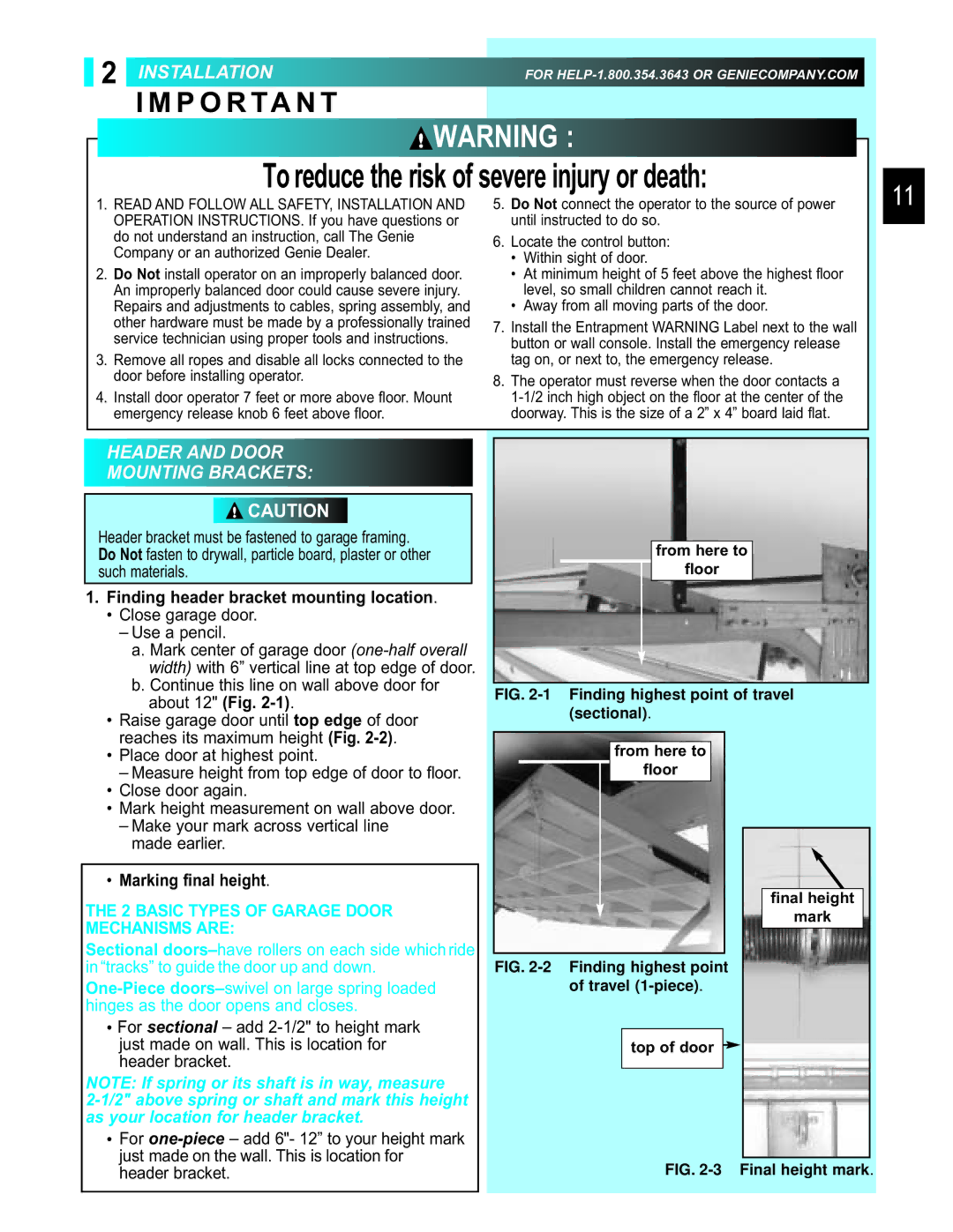 Genie 3452535556 GCG manual Installation, Header and Door Mounting Brackets, Finding header bracket mounting location 