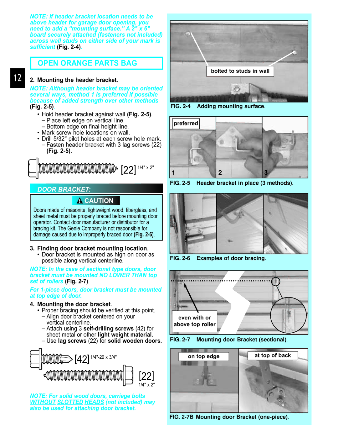 Genie 3452535556 PCG Open Orange Parts BAG, Door Bracket, 12 2. Mounting the header bracket, Mounting the door bracket 