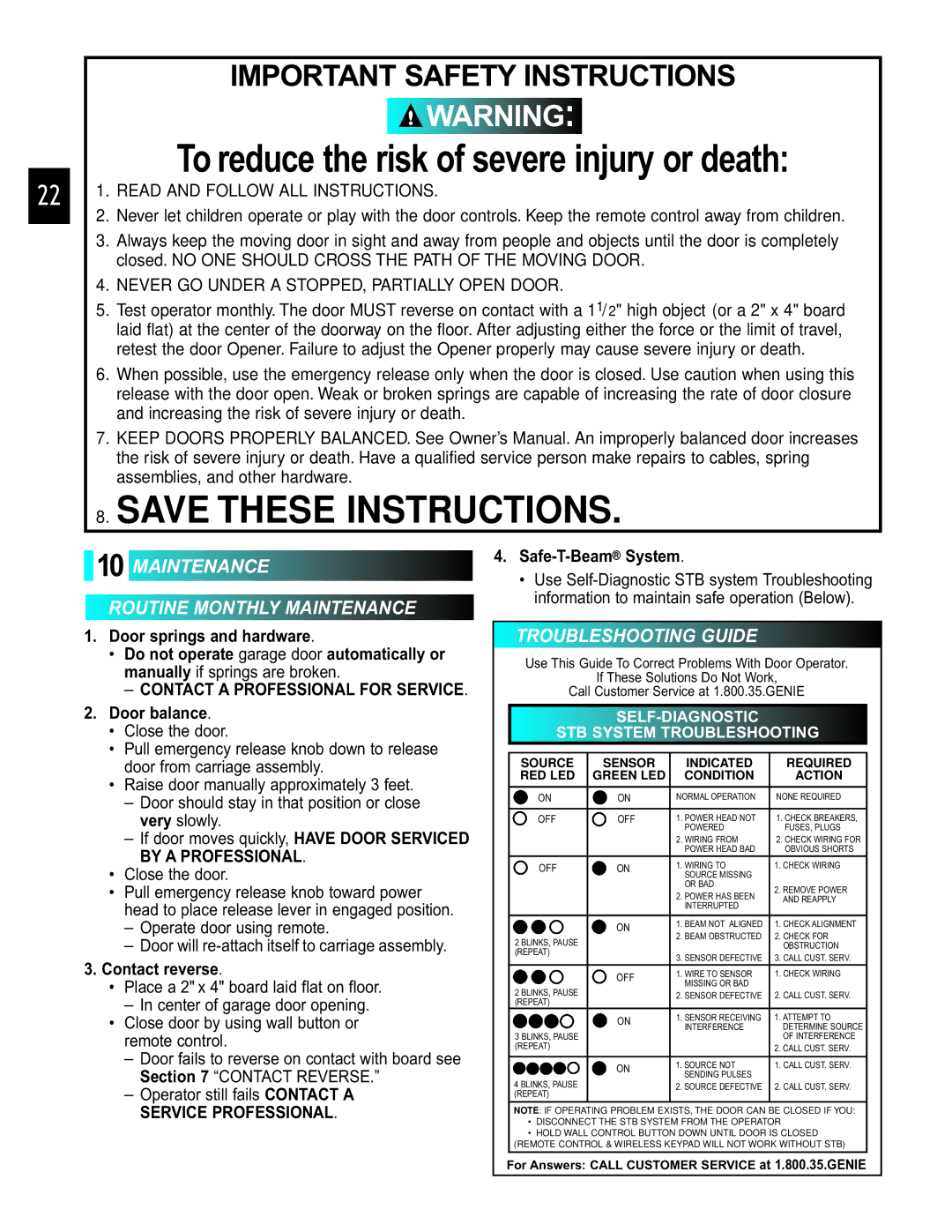 Genie 3452535556 Maintenance Routine Monthly Maintenance, Troubleshooting Guide, Door springs and hardware, Door balance 