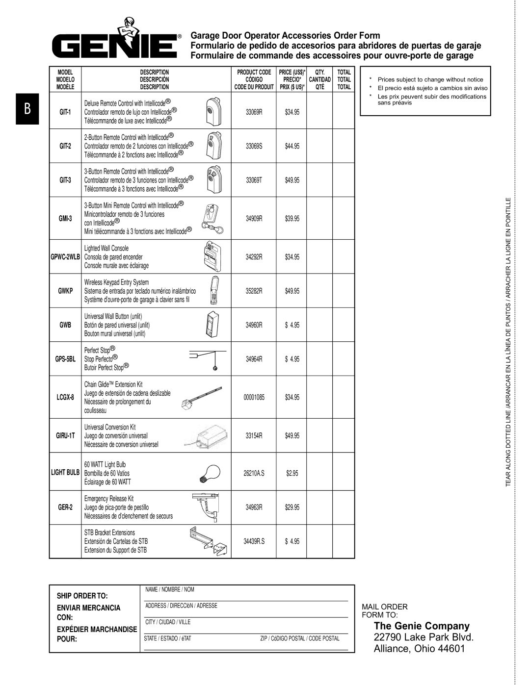 Genie 3452535556 GCG, 3452535556 PCG manual Garage Door Operator Accessories Order Form, Genie Company 