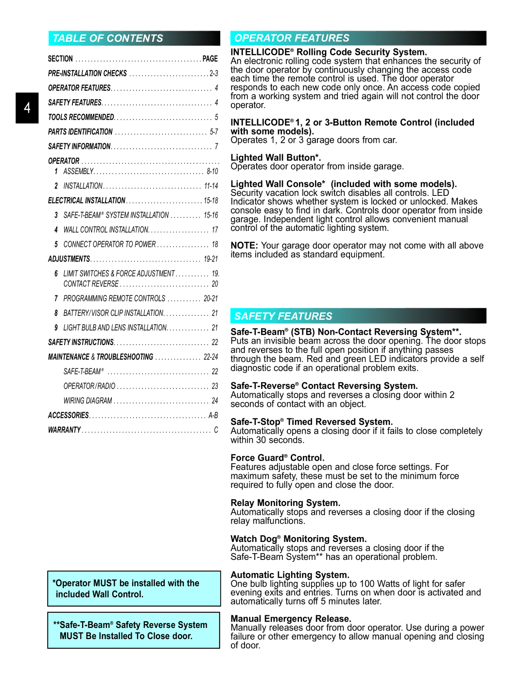 Genie 3452535556 PCG, 3452535556 GCG manual Table of Contents, Operator Features, Safety Features 