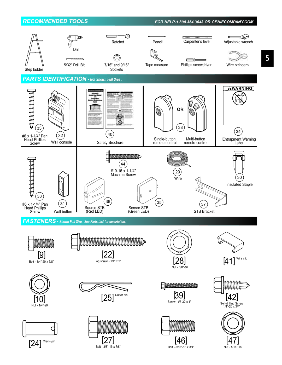 Genie 3452535556 GCG, 3452535556 PCG manual Recommended Tools, Parts Identification Not Shown Full Size 