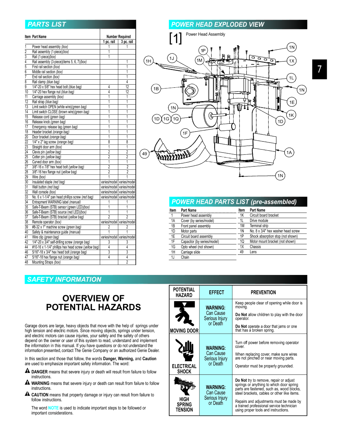 Genie 3452535556 PCG, 3452535556 GCG manual Parts List, Power Head Exploded View, Safety Information 