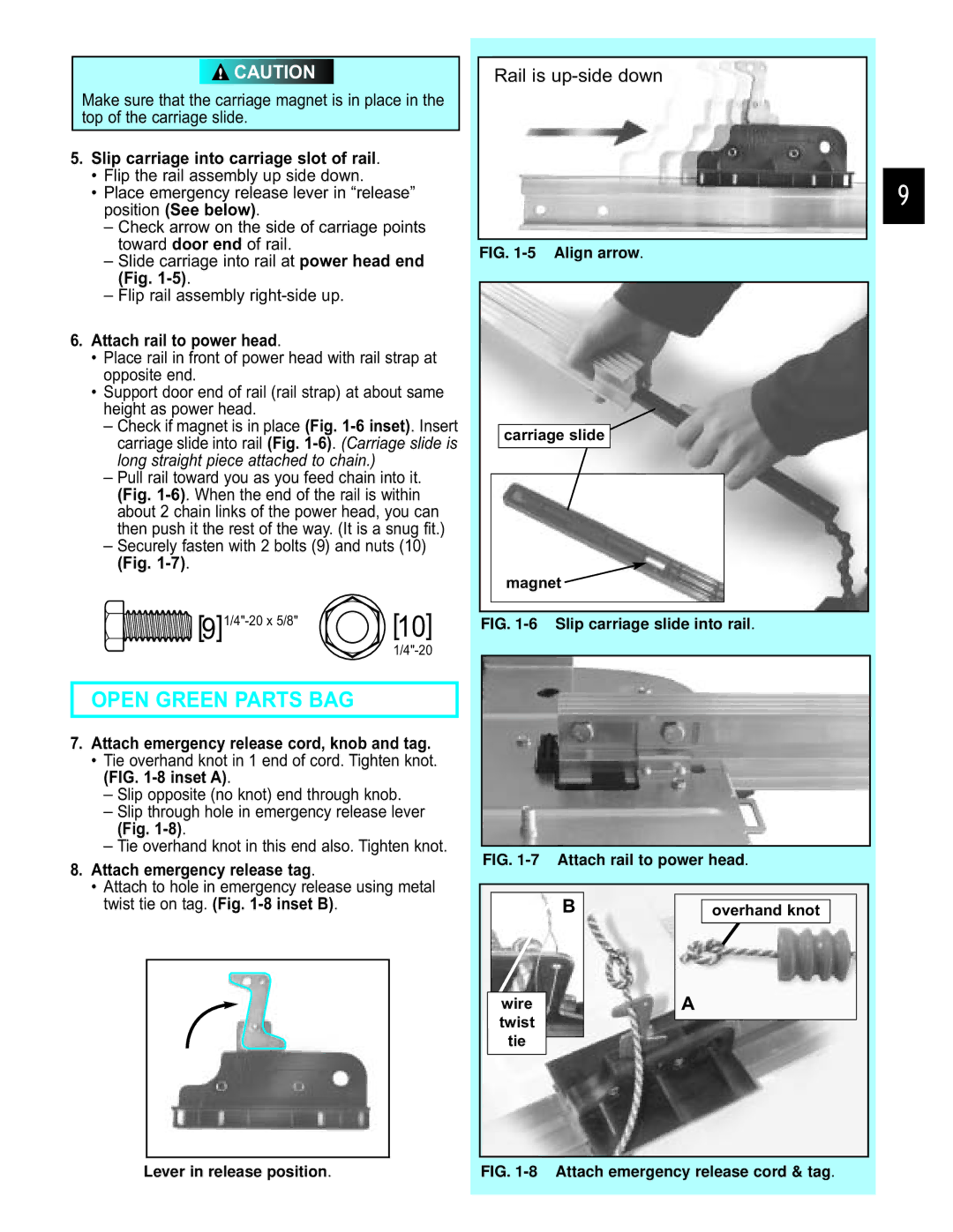 Genie 3452535556 PCG manual Open Green Parts BAG, Slip carriage into carriage slot of rail, Attach rail to power head 