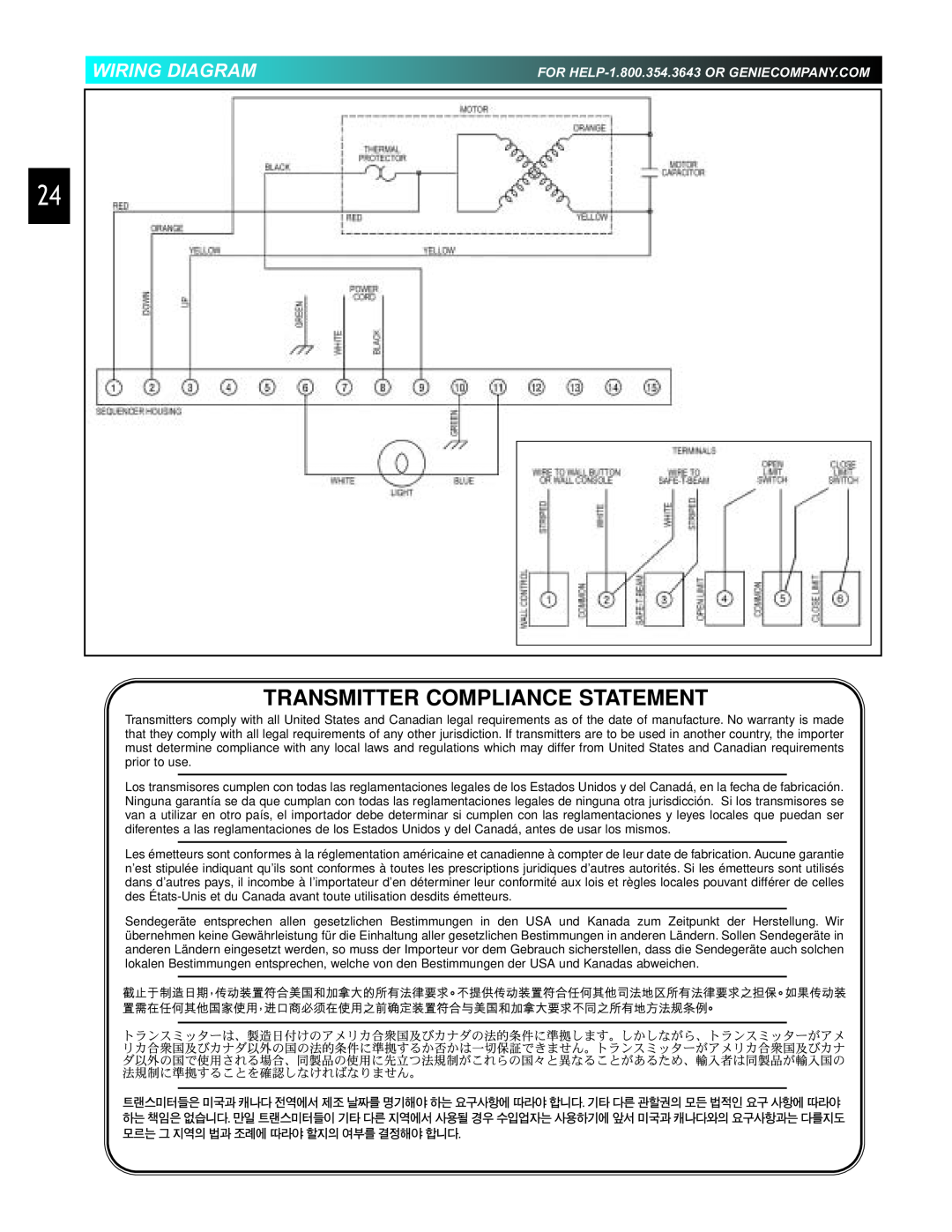 Genie 3452535556 PCG manual Wiring Diagram, Transmitter Compliance Statement, FOR HELP-1.800.354.3643 OR GENIECOMPANY.COM 