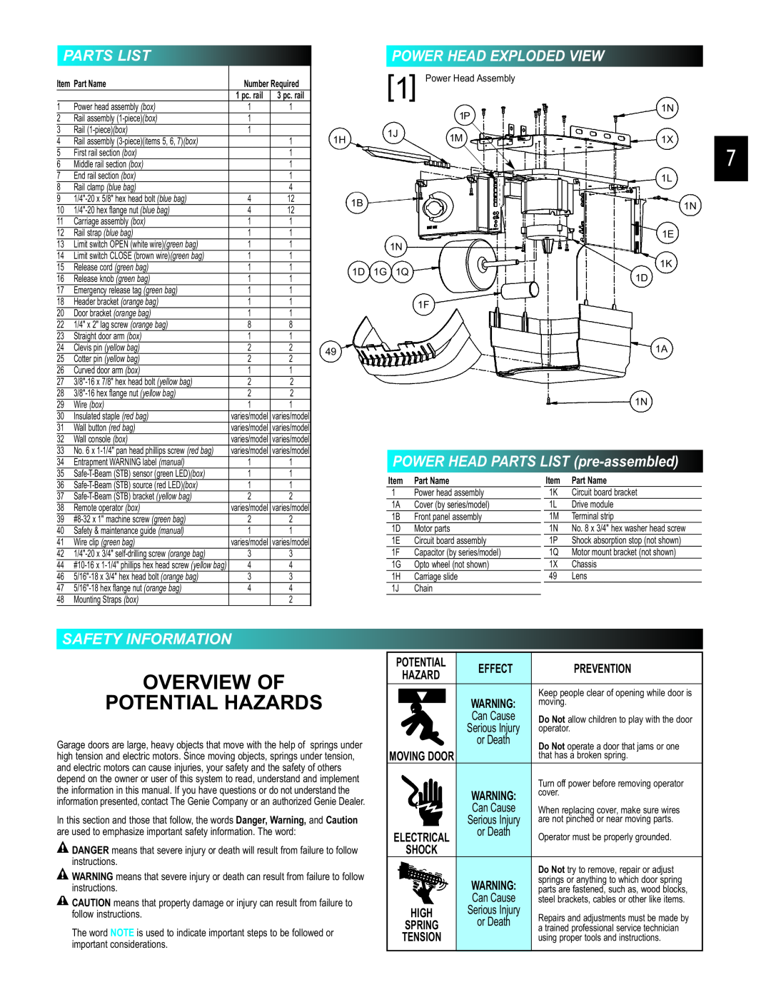 Genie 3452535556 Parts List, Power Head Exploded View, POWER HEAD PARTS LIST pre-assembled, Safety Information, Effect 