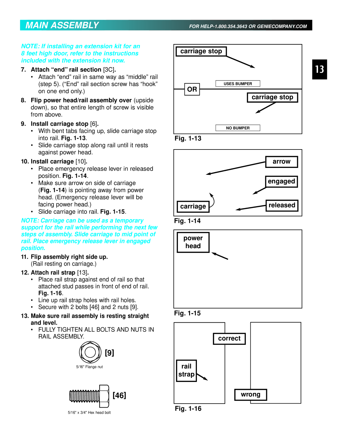 Genie 3511035556 manual Attach end rail C, Install carriage stop, Attach rail strap, Arrow, Engaged 