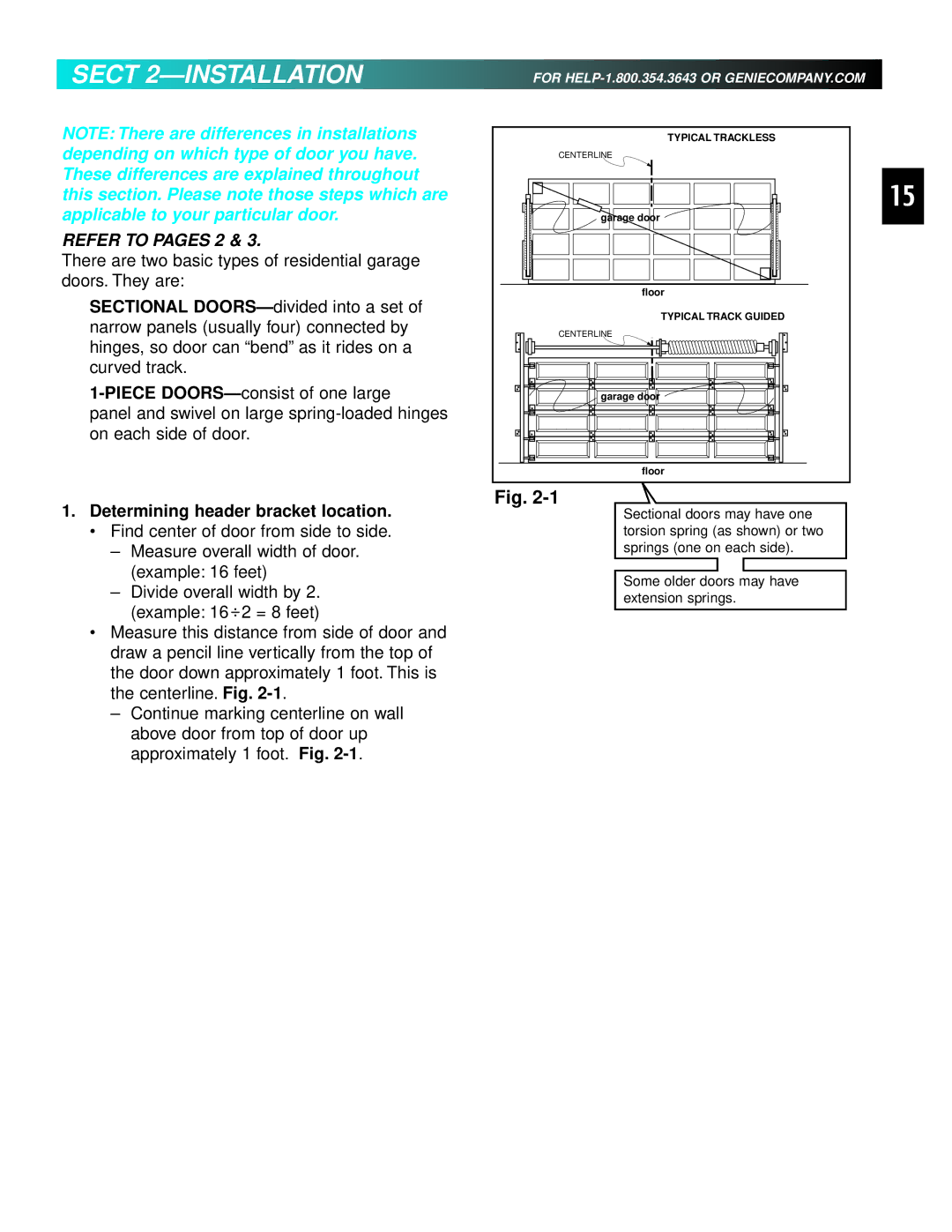 Genie 3511035556 manual Sect 2-INSTALLATION, Determining header bracket location 