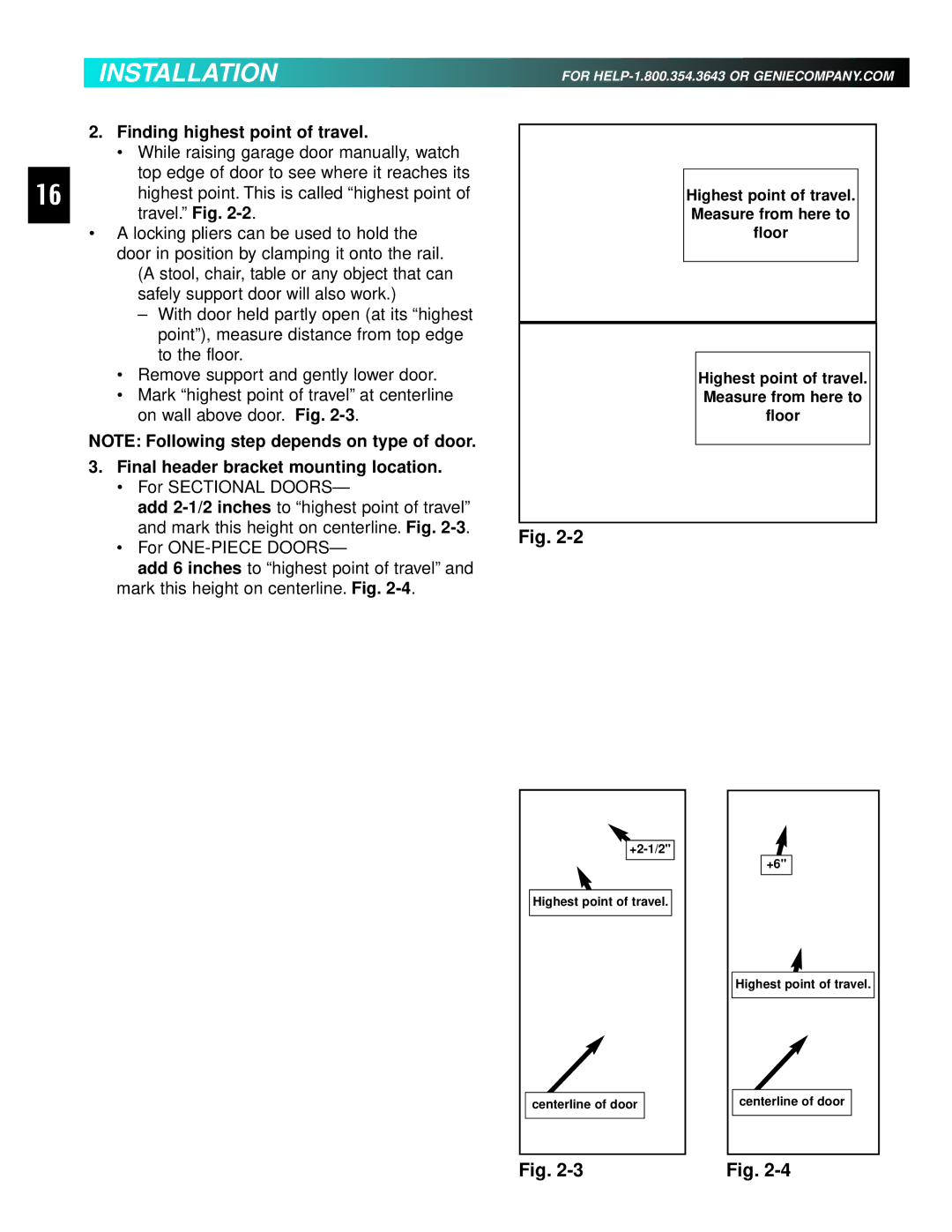 Genie 3511035556 manual Installation, Finding highest point of travel, Final header bracket mounting location 