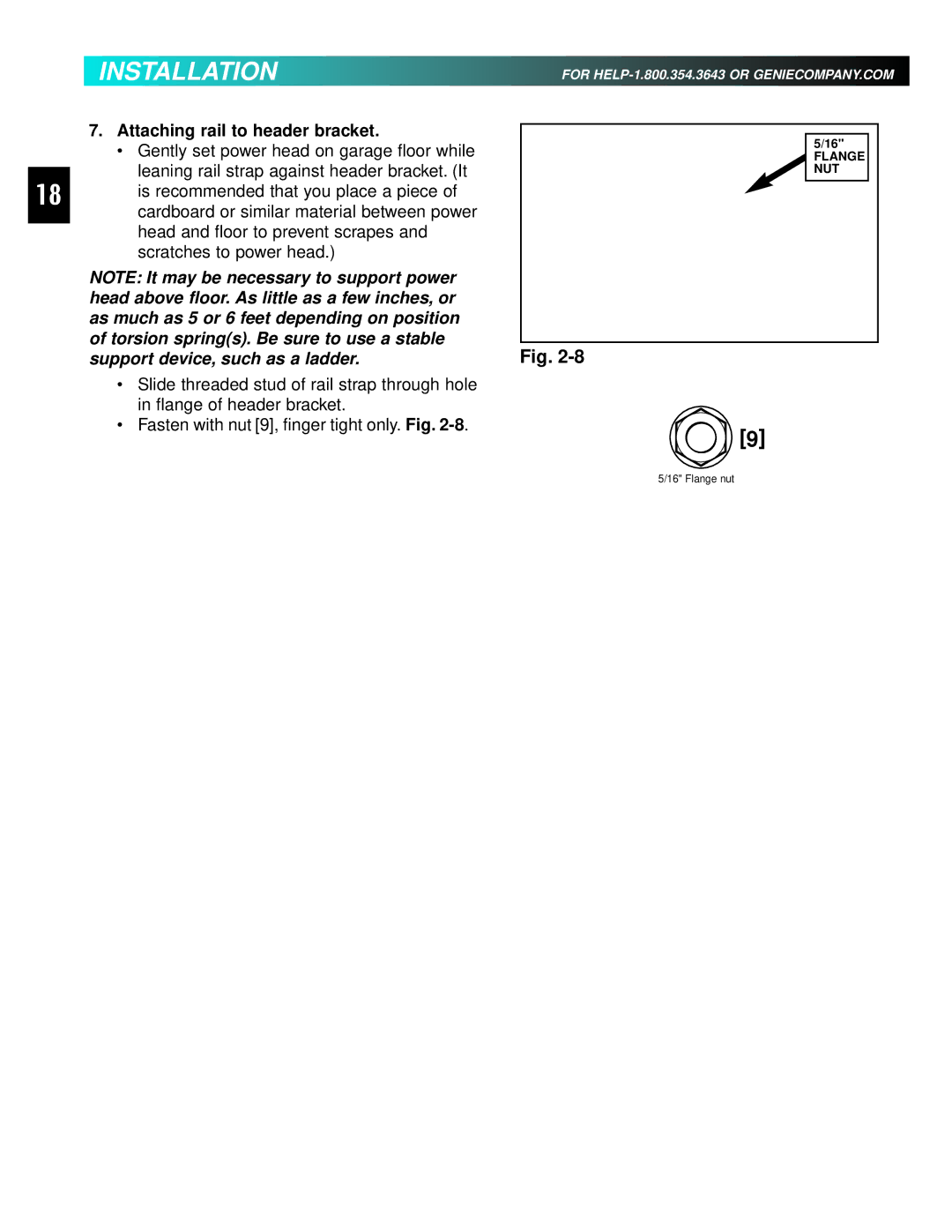 Genie 3511035556 manual Attaching rail to header bracket, Support device, such as a ladder 