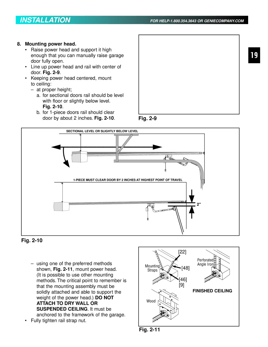 Genie 3511035556 manual Mounting power head, Suspended Ceiling . It must be 