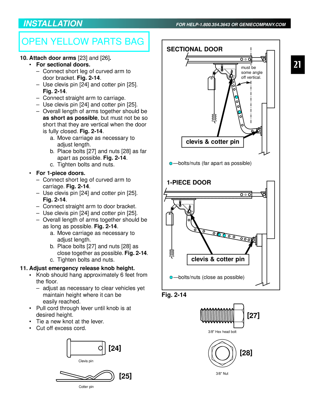 Genie 3511035556 manual Attach door arms 23 For sectional doors, For 1-piece doors, Adjust emergency release knob height 