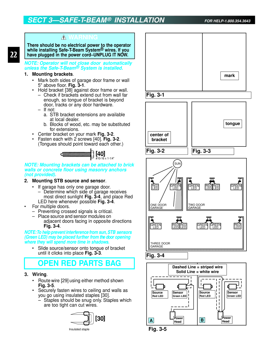 Genie 3511035556 manual Sect 3-SAFE-T-BEAM Installation, Mounting brackets, Mounting STB source and sensor, Wiring 