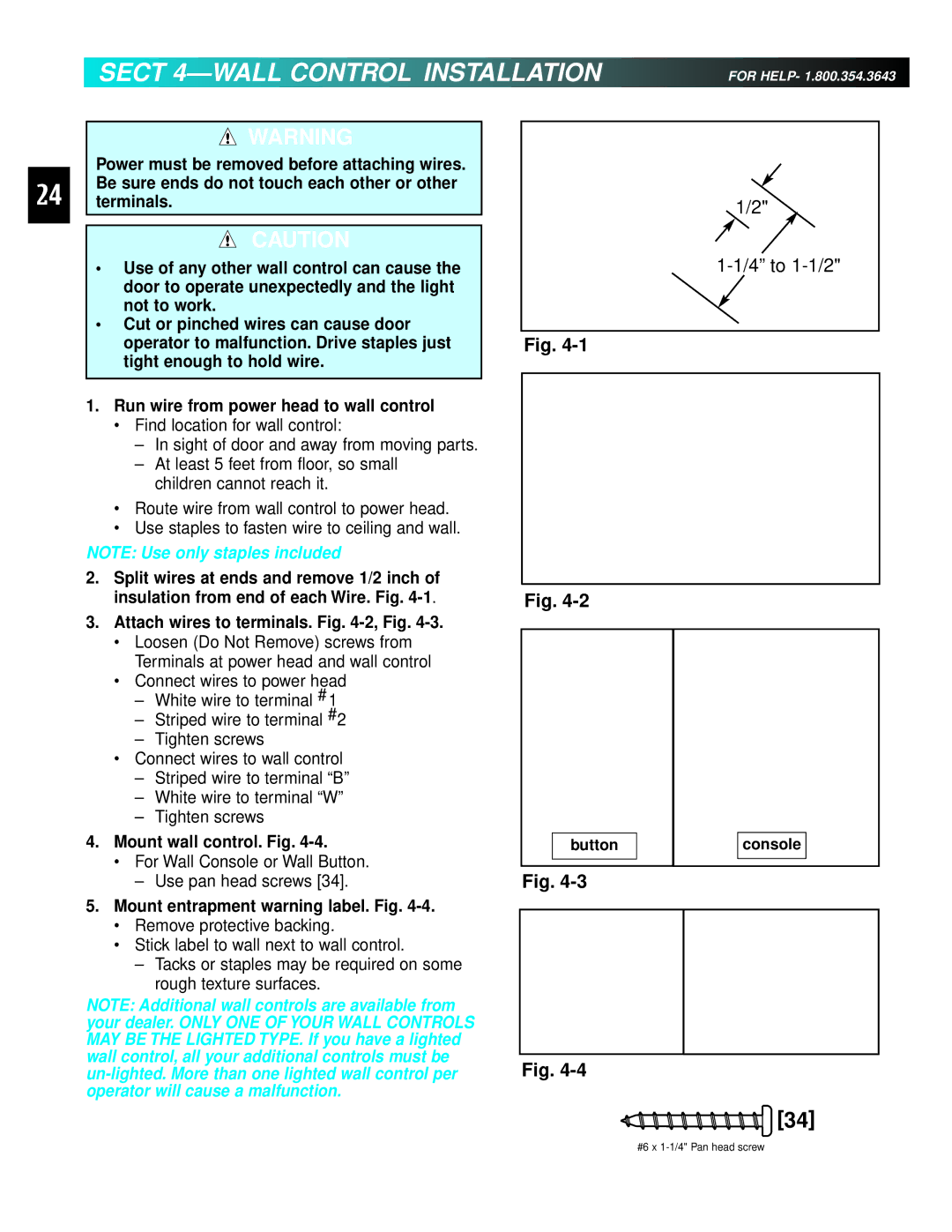 Genie 3511035556 manual Sect 4-WALL Control Installation, Attach wires to terminals. -2, Fig, Mount wall control. Fig 