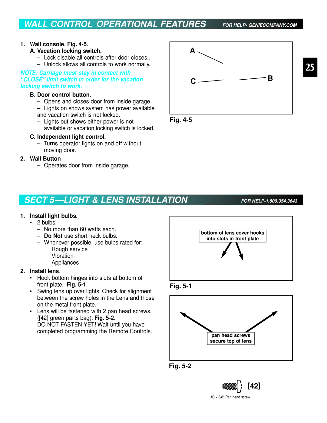 Genie 3511035556 manual Sect 5 -LIGHT & Lens Installation 