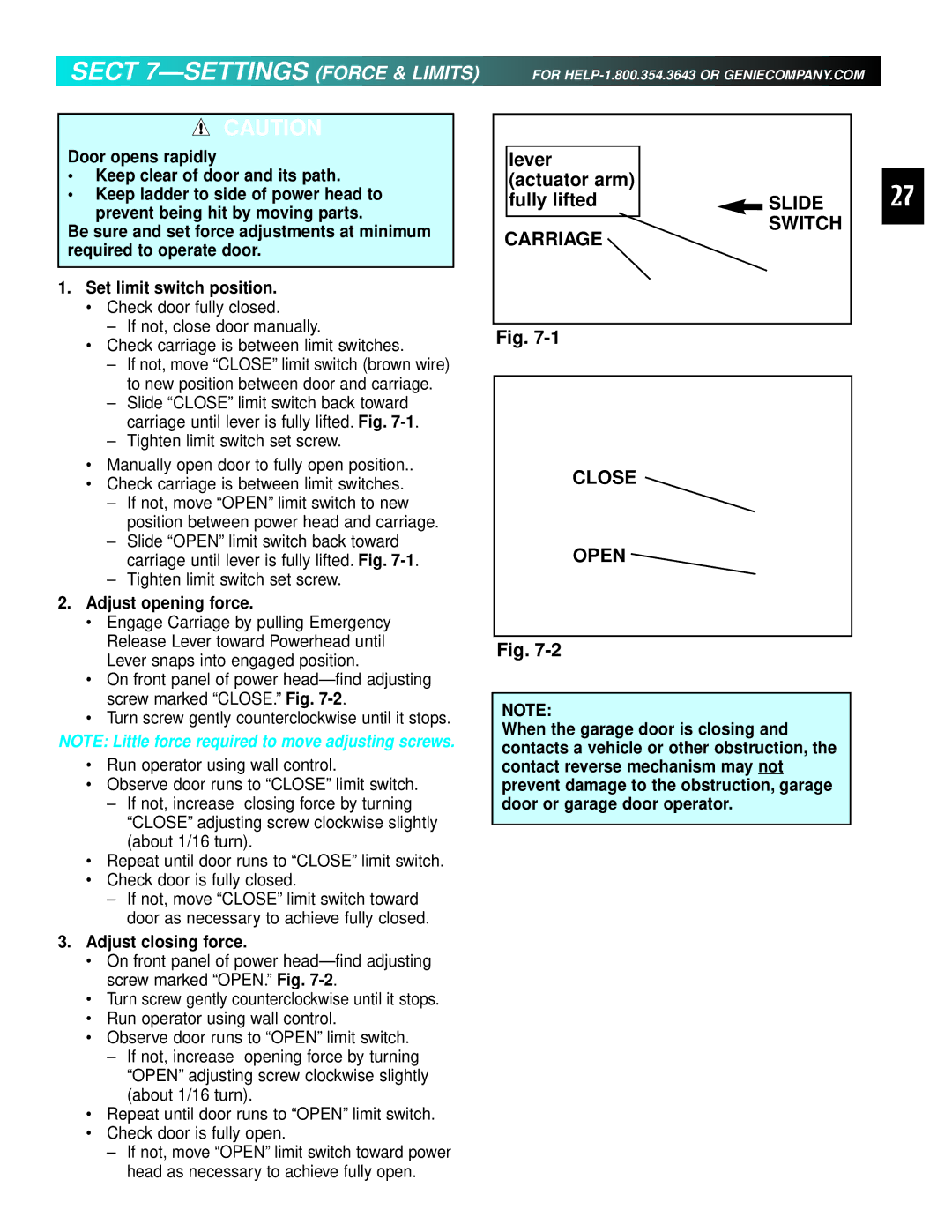 Genie 3511035556 manual Sect 7-SETTINGS Force & Limits, Adjust opening force, Adjust closing force 