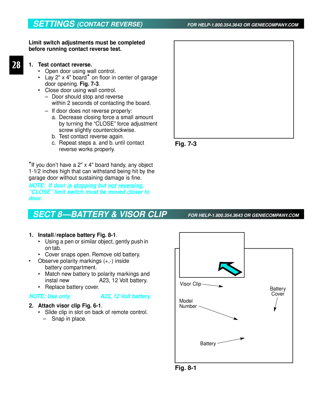 Genie 3511035556 Sect 8-BATTERY & Visor Clip, Settings Contact Reverse, Install/replace battery Fig, Attach visor clip Fig 