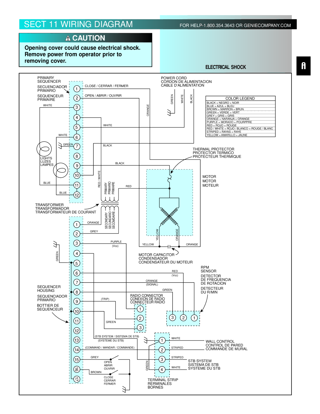 Genie 3511035556 manual Sect 11-WIRING Diagram, Electrical Shock 