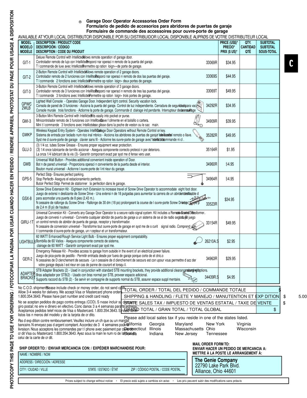 Genie 3511035556 manual Genie Company, Garage Door Operator Accessories Order Form 