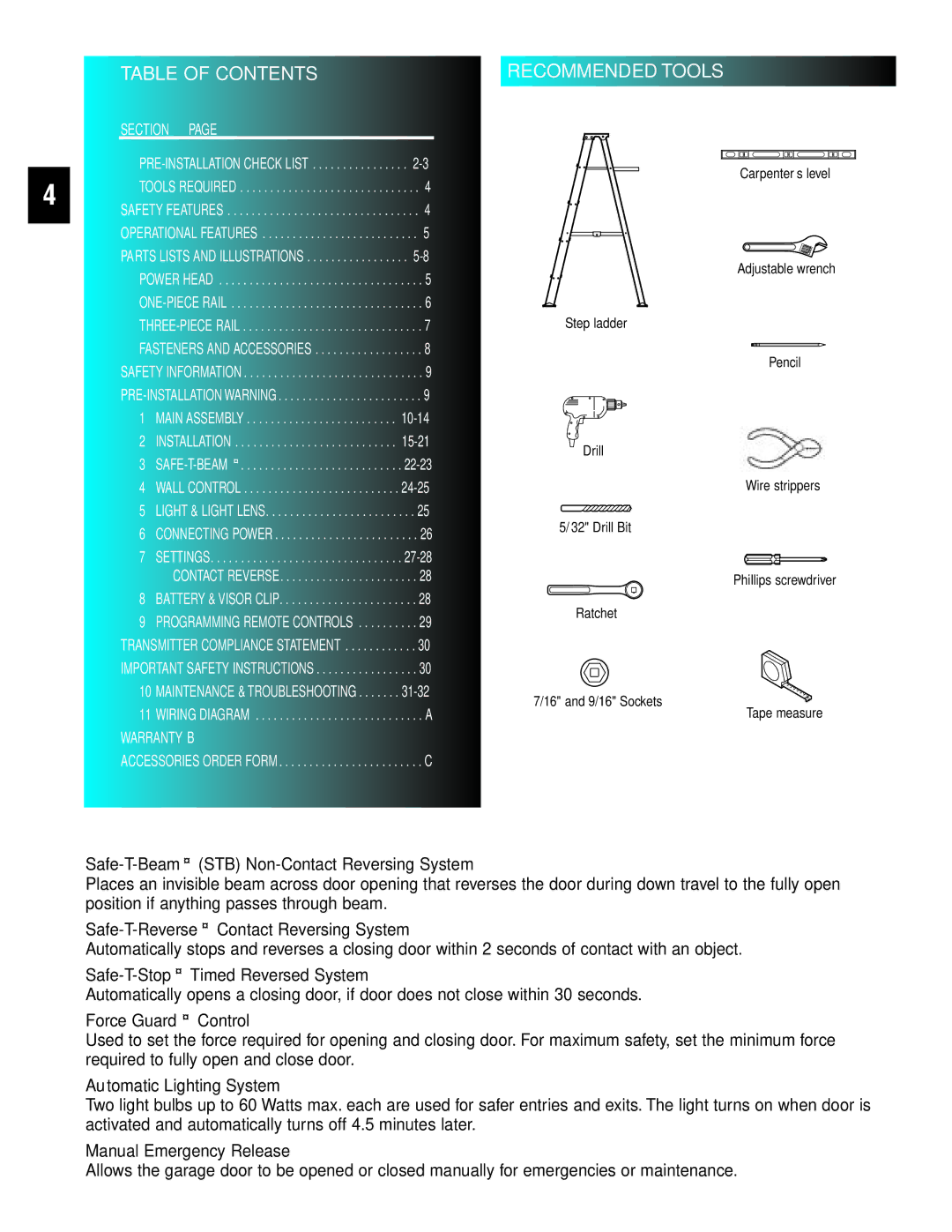 Genie 3511035556 manual Table of Contents 