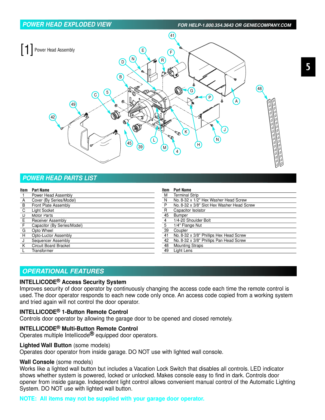 Genie 3511035556 manual Power Head Parts List, Operational Features 