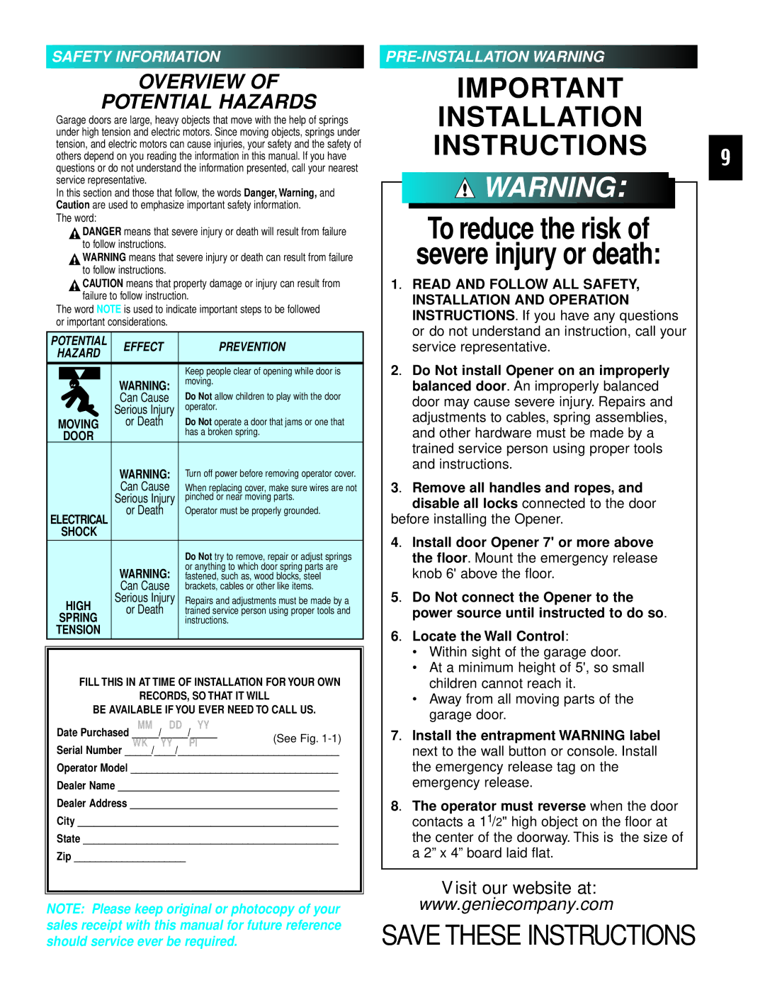 Genie 3511035556 manual Safety Information, PRE-INSTALLATION Warning, Install the entrapment Warning label 