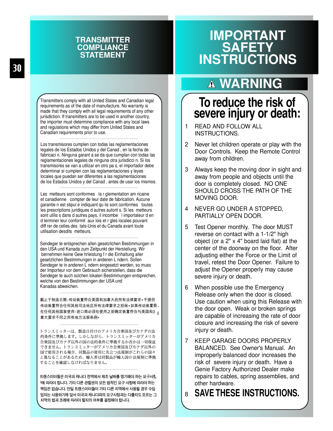 Genie 3511035556 manual Safety Instructions, To reduce the risk of severe injury or death, Save These Instructions 