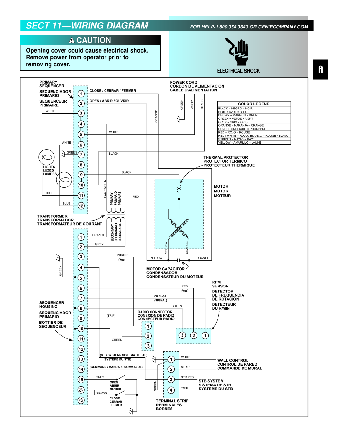 Genie 3511035556 manual SECT 11-WIRING DIAGRAM, Electrical Shock, FOR HELP-1.800.354.3643 OR GENIECOMPANY.COM 