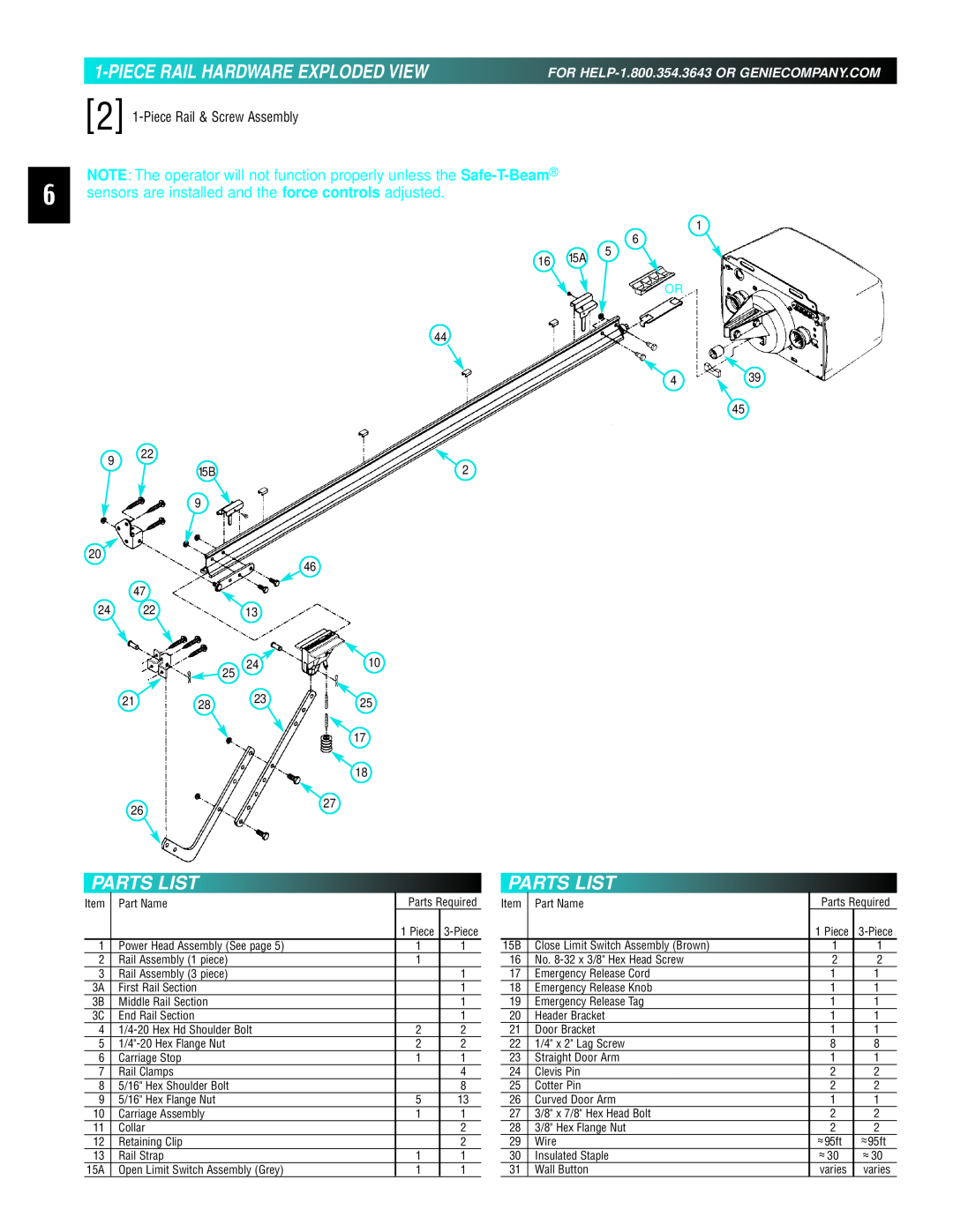 Genie 3511035556 Piece Rail Hardware Exploded View, Parts List, sensors are installed and the force controls adjusted 