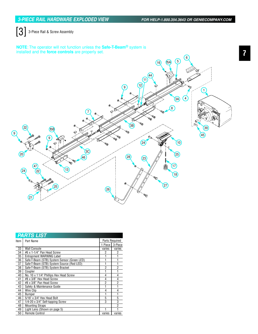 Genie 3511035556 manual Piece Rail Hardware Exploded View, Parts List, system is, 3 3-Piece Rail & Screw Assembly 