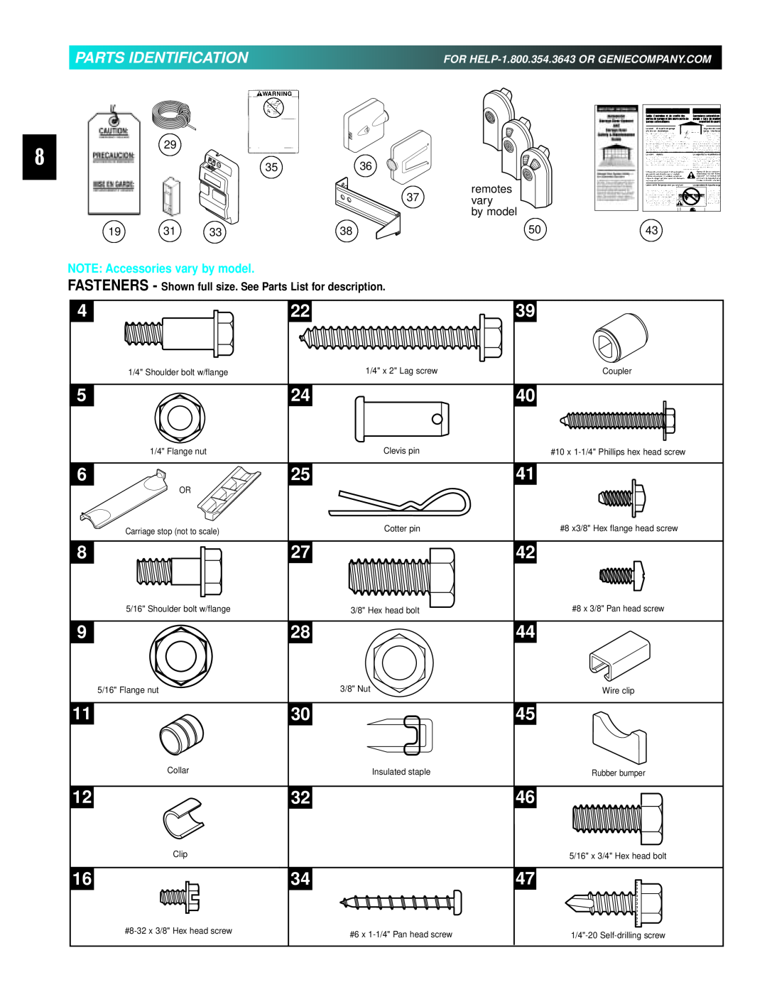 Genie 3511035556 manual Parts Identification, NOTE Accessories vary by model, FOR HELP-1.800.354.3643 OR GENIECOMPANY.COM 