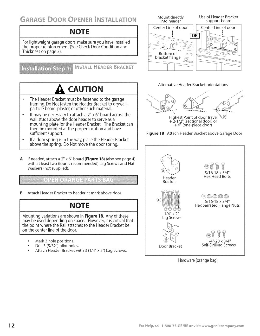 Genie 3531835447 installation instructions + 2-1/2 sectional door or, Hardware orange bag 