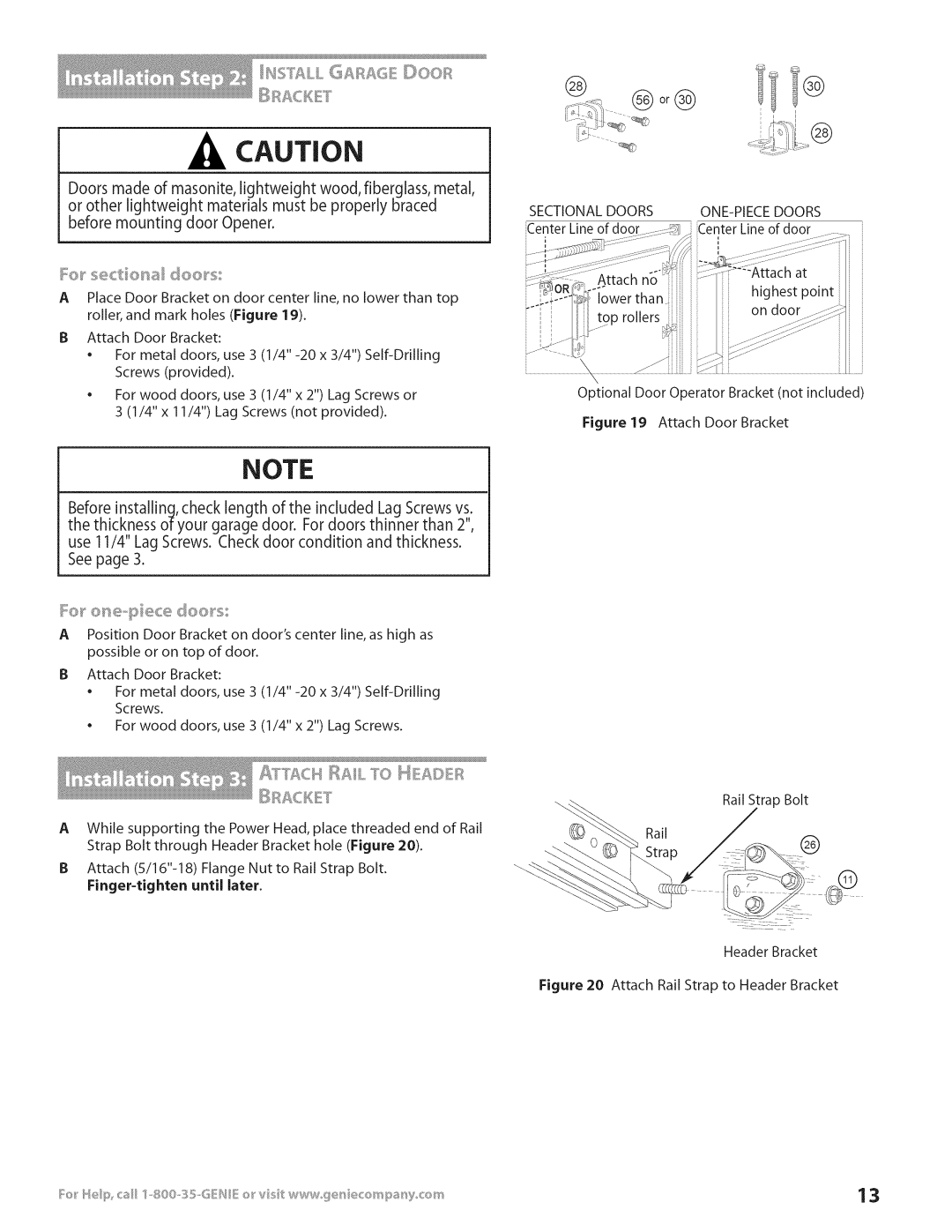 Genie 3531835447 installation instructions Rail, Finger-tighten until later 