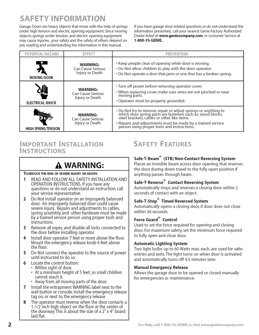 Genie 3531835447 installation instructions Automatic Lighting System, Highspringtension 