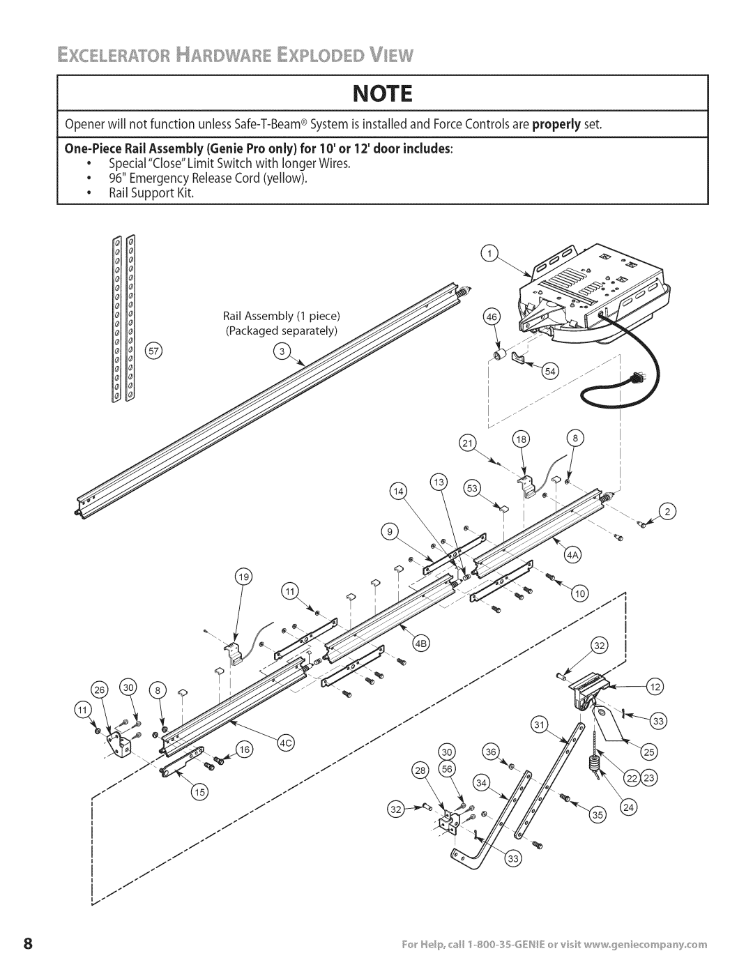 Genie 3531835447 installation instructions Rail Assembly 1 piece Hol Packaged separately 