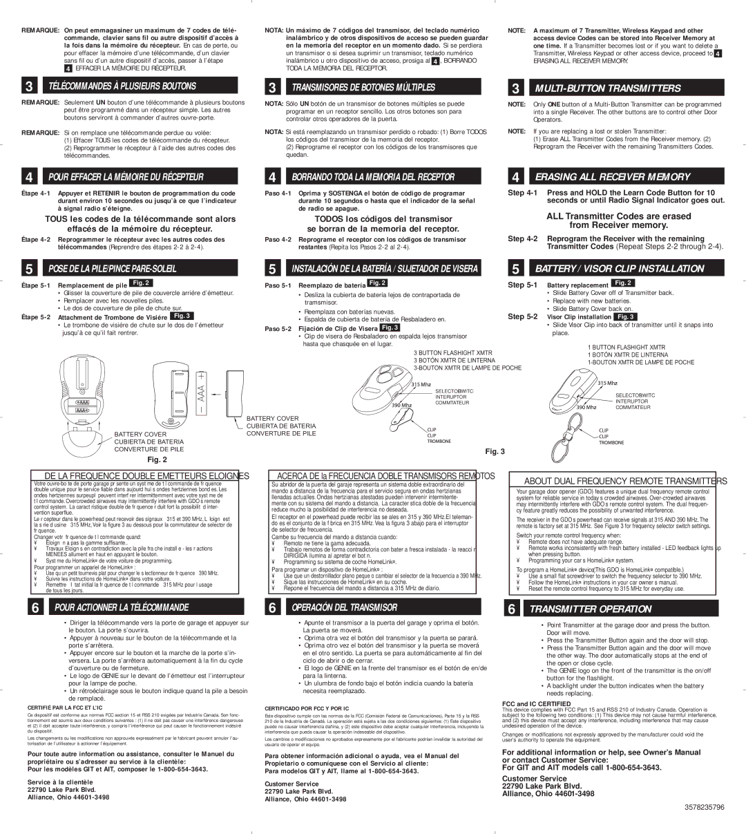 Genie 3578235796 owner manual MULTI-BUTTON Transmitters, Erasing ALL Receiver Memory, Pour Actionner LA Télécommande 