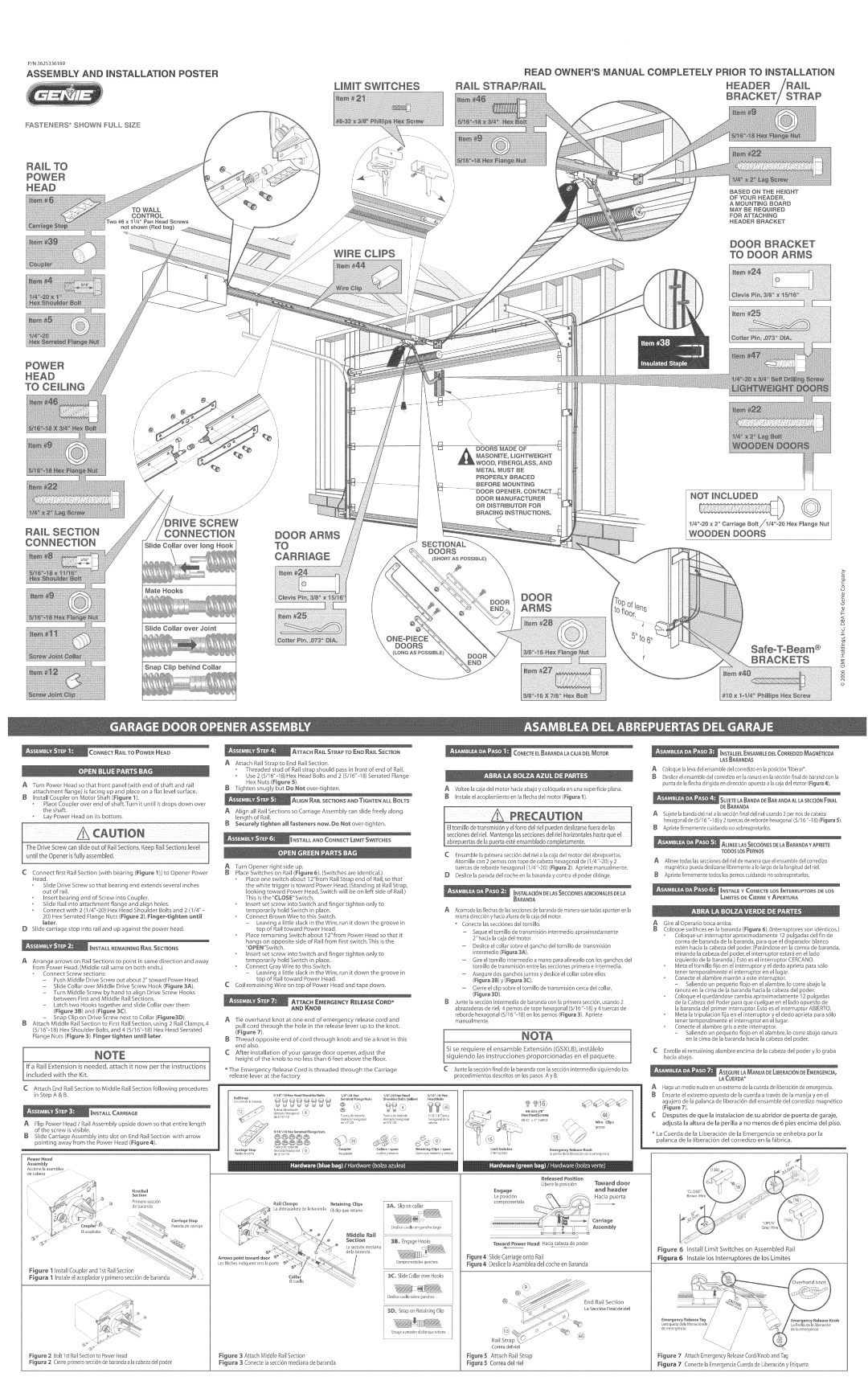 Genie 3625336189 owner manual Read Ownersmanual, Rail STRAP/RAIL, Completely Prior to Nstallathon Header Rail to Power 