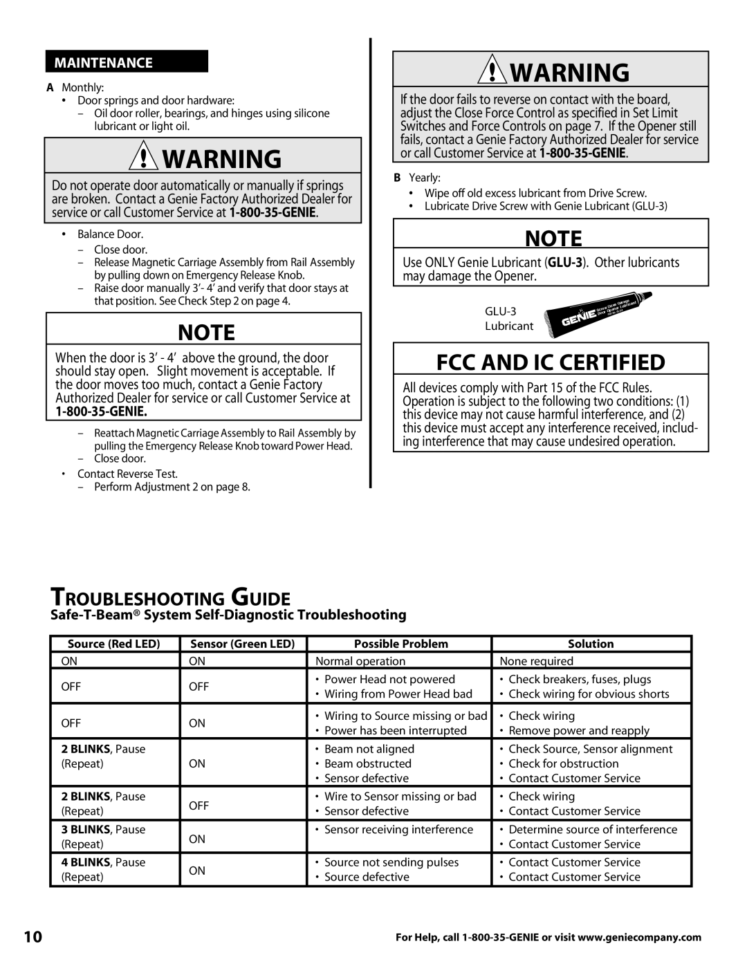 Genie 3627336241 warranty Genie, Safe-T-Beam System Self-Diagnostic Troubleshooting, BLINKS, Pause 