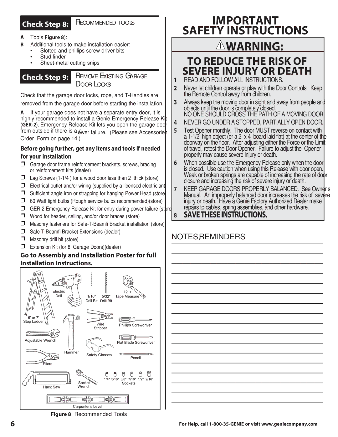 Genie 3627336241 warranty Check Recommended tools, Check emove xisting arage Door Locks 