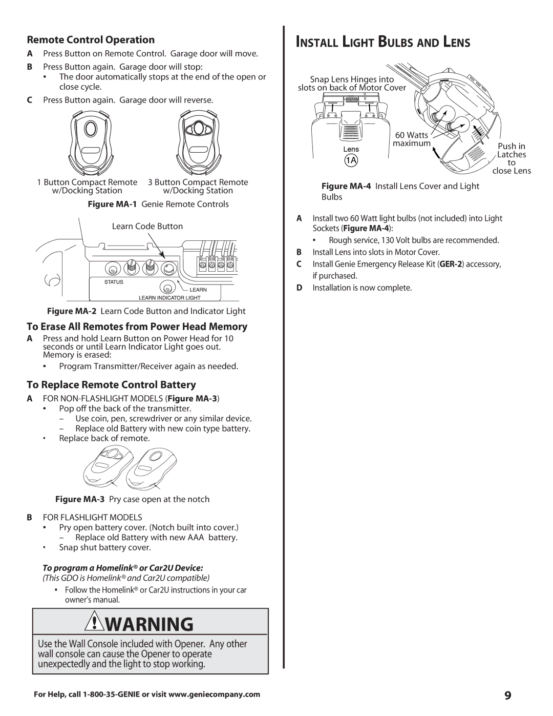 Genie 3627336241 Install Light Bulbs and Lens, Remote Control Operation, To Erase All Remotes from Power Head Memory 