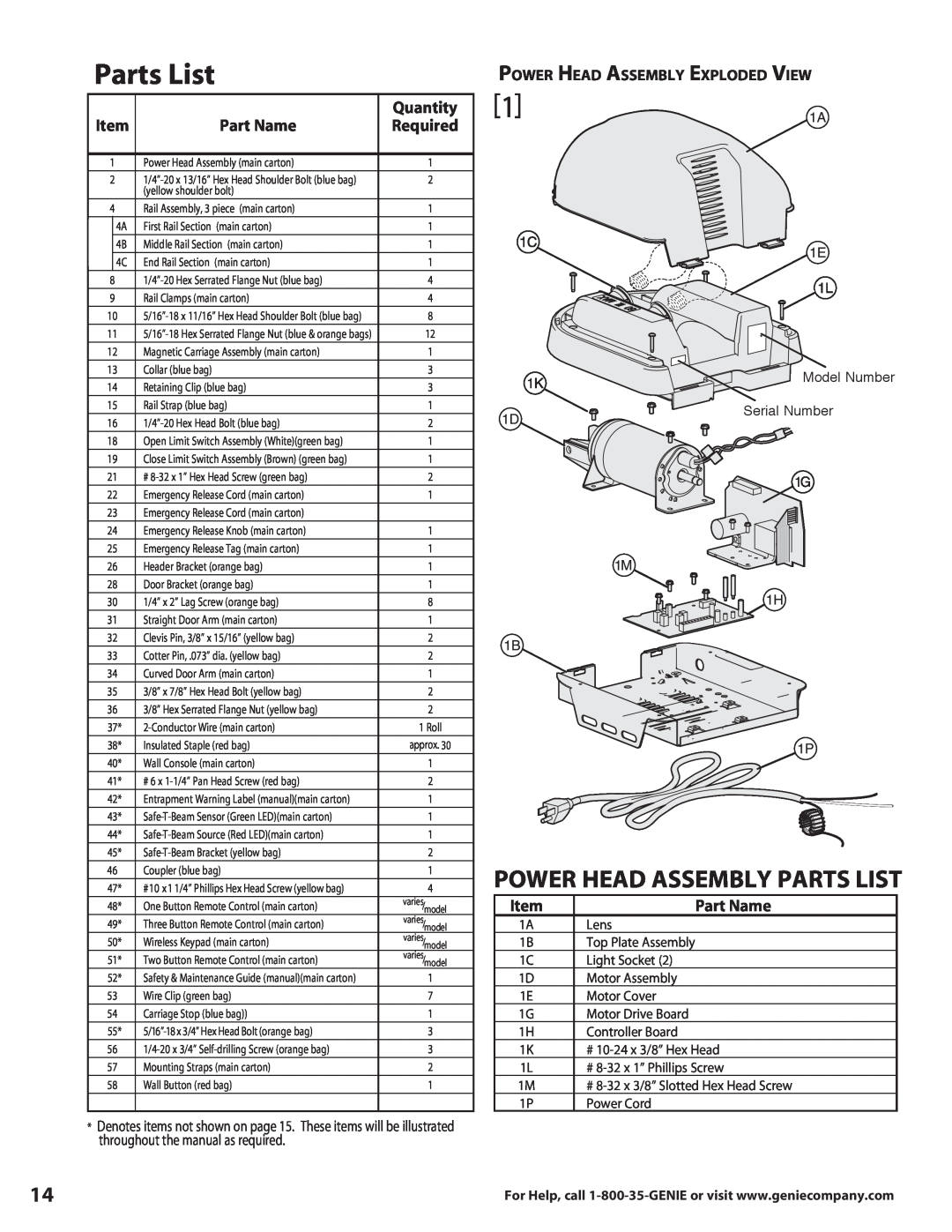Genie 3627336241 warranty Power Head Assembly Parts List, Part Name, Quantity, Required 
